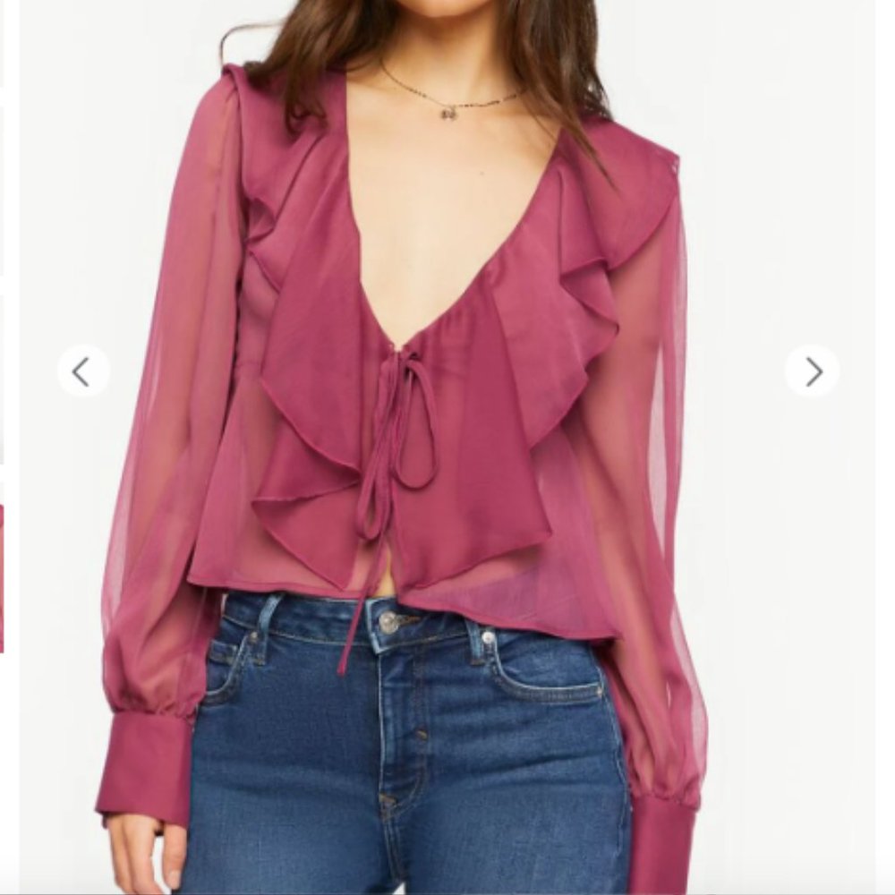 F21 mauve pink neck tie bell sleeve blouse semi transparent S